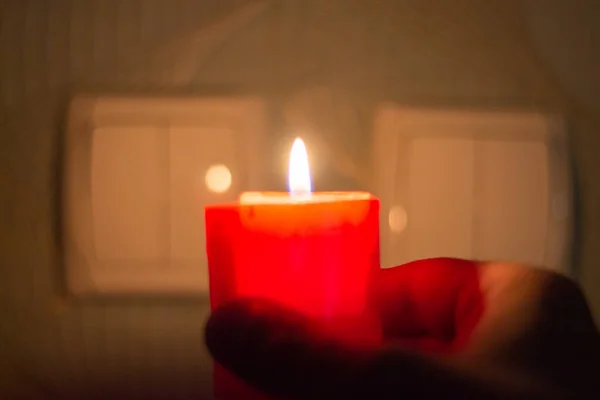 Candle Hand Light Switch Blackout Due War Ukraine — Stock Photo, Image