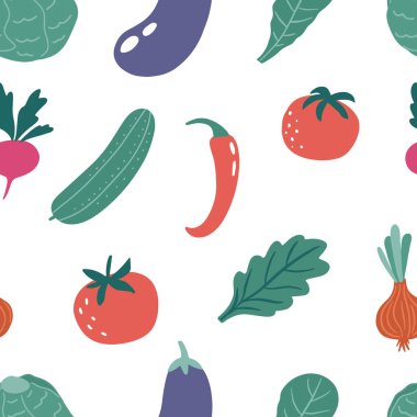 Renkli, parlak, sebzesiz, el yapımı sebzeler: domates, soğan, salatalık, patlıcan, marul yaprağı, biber. Vejetaryen geçmişi. Vektör illüstrasyonu