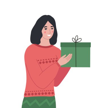 Paket ya da hediye taşıyan genç bir kadın. Kış kazağı giyen kız. Vektör illüstrasyonu