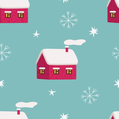 Şirin evleri ve kar taneleri olan klasik, dikişsiz kış desenleri. Vektör illüstrasyonu