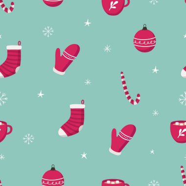 Noel ve Yeni Yıl sembollerinin kusursuz deseni. Şekerli sıcak çikolata, Noel balosu, çorap, eldiven arka planı. Vektör illüstrasyonu.