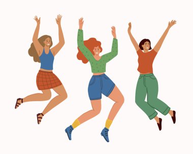 Bir grup gülen zıplayan kız. Genç ve mutlu kadınlar başarıyı kutluyor. Dans eden kadınlar. Beyaz arka planda izole edilmiş. Çizgi film düz biçim vektör çizimi