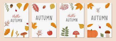 Sonbahar öznitelikleri: yapraklar, böğürtlen, mantarlar, meşe palamutları. Merhaba sonbahar mektupları. Reklam posteri, sosyal medya, internet afişi vs. için mükemmel. Vektör illüstrasyonu