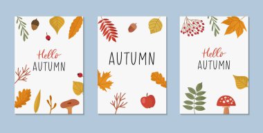 Sonbahar öznitelikleri: yapraklar, böğürtlen, mantarlar, meşe palamutları. Merhaba sonbahar mektupları. Reklam posteri, sosyal medya, internet afişi vs. için mükemmel. Vektör illüstrasyonu