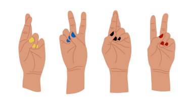 Bir kadının el hareketi, sanat tarzında manikür seti. Kadın elleri farklı jestler vektör illüstrasyonu