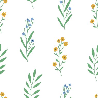 Yaban çiçekleriyle renksiz çiçek deseni. Basit İskandinav tarzı. Vektör illüstrasyonu