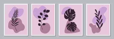 Çiçekli duvar sanat vektörü ayarlandı. Bitki dalları ve soyut şekiller. Modern tasarım, poster ya da kartpostal şablonu. Botanik tasarımı. Vektör illüstrasyonu.