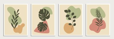 Çiçekli duvar sanat vektörü ayarlandı. Bitki dalları ve soyut şekiller. Modern tasarım, poster ya da kartpostal şablonu. Botanik tasarımı. Vektör illüstrasyonu.