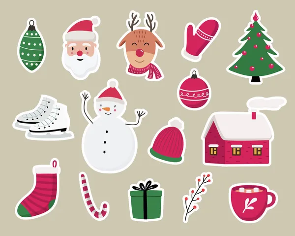 Navidad Año Nuevo Lindos Símbolos Pegatinas Conjunto Papá Noel Reno — Vector de stock
