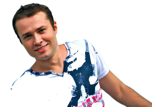 Tineri model de sex masculin zâmbește pentru camera izolat nu alb — Fotografie, imagine de stoc