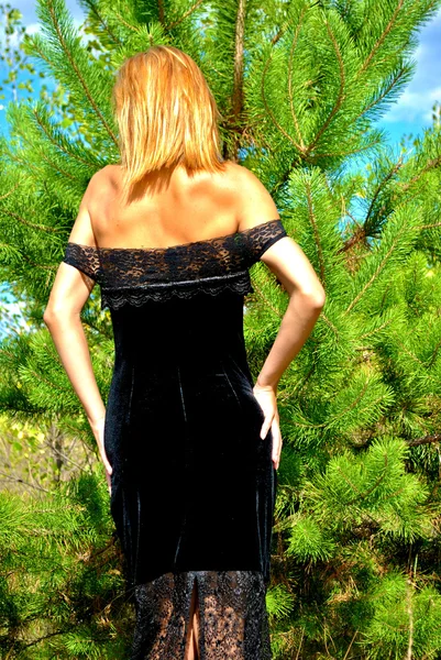 전나무-트리 근처 검은 드레스에 뒤에서 성적인 여자 — 스톡 사진