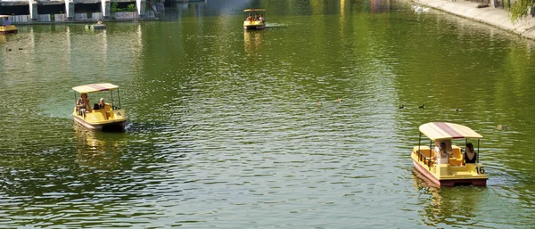 Take a walk on the water cycles on the lake in the park — Stock Photo, Image