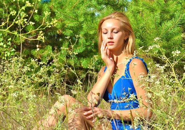 Seksualne blond dziewczynka elegancki w niebieska sukienka siedzi w drewnie — Zdjęcie stockowe