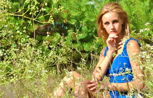 Sexuell elegantes blondes Mädchen im blauen Kleid sitzt im Wald — Stockfoto