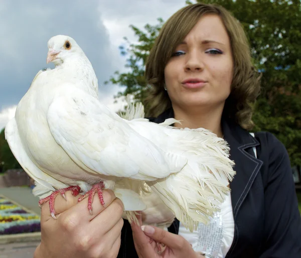 Молодая девушка держит белых голубей — стоковое фото