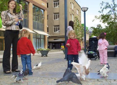 mutlu çocuk güvercinler ile tohum yem.
