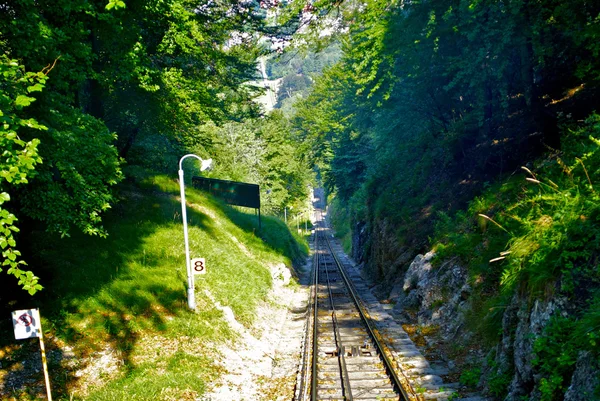 Rails go down the mountain — Stock Photo, Image