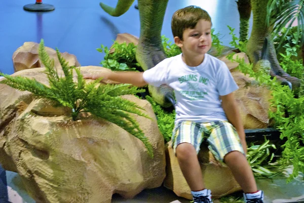 Boy plays in mini Jurassic area — Stock Photo, Image