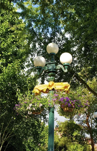 Poste lâmpada decorativa e flores sobre ele — Fotografia de Stock