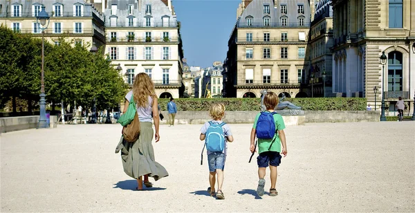 Mother and her sons walk along France — Stock Photo, Image