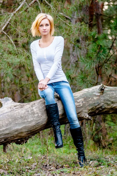 Schöne Mädchen posiert im Herbst im Wald — Stockfoto