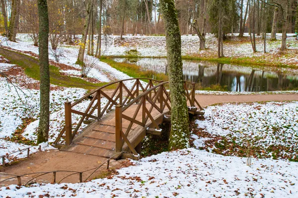 Houten decoratieve brug over het meer in de winter — Stockfoto