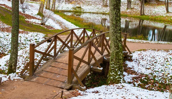 Puente decorativo de madera sobre el lago en invierno — Foto de Stock