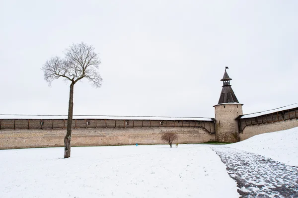 Spectaculair uitzicht op de muren van Rusland kremlin in pskov stad in — Stockfoto