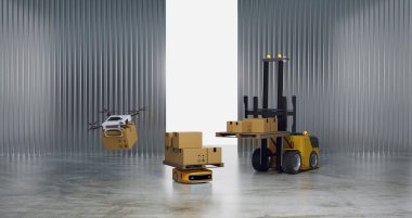 Depo çalışıyor ve robot naklediliyor, robotik ve otomatik güdümlü araç depoda, 3D çizimler