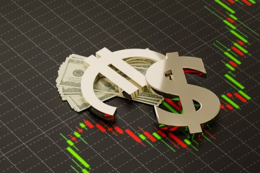Dolar parası ve Forex grafiği üzerinde Eurusd pre-x piyasa ticaret sembolleri, üç boyutlu çizimler