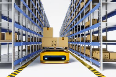 Depo 'da çalışan AGV robotu, 3 boyutlu çizimler