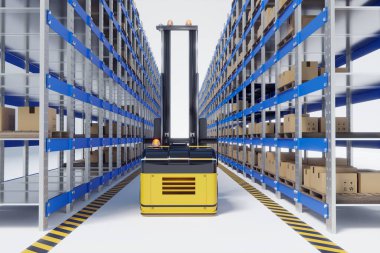 Otomatik kaldırma makinesi veya depoda çalışan AGV kaldırma, 3 boyutlu illüstrasyonlar