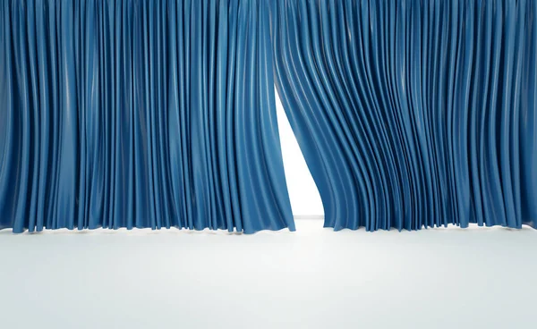 Blue curtains with wooden floor in theater or home theater room, 3D illustrations rendering