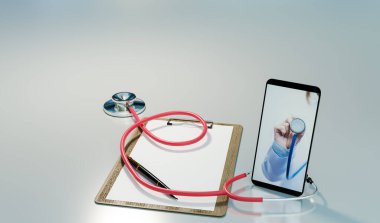 Çevrimiçi danışmanlık ve çevrimiçi tıbbi muayene veya teletıp konsepti, 3D illüstrasyon