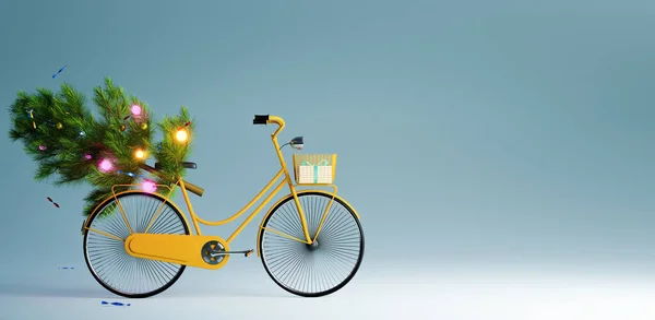 Arbre Noël Sur Vélo Vintage Jaune Joyeux Concept Noël Illustrations — Photo