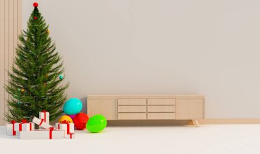 Mutlu noeller ve mutlu yeni yıl festivali, Noel ağacı ve noel hediyeleri evde, 3D çizim sunar