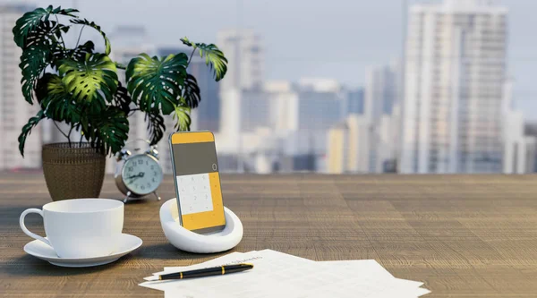 Smarta Telefonkalkylator Med Balansräkning Arbetsbordet Illustrationer Återgivning — Stockfoto