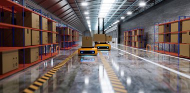 Depo ve lojistik alışveriş işi konseptinde çalışan AGV transfer makinesi, üç boyutlu çizimler