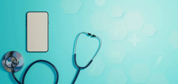 Blaues Stethoskop Und Smartphone Auf Blauem Medizinischem Hintergrund Telemedizinisches Konzept — Stockfoto