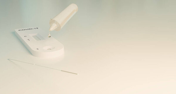 Covid-19 ATK antigen test kit on grey backdrop, 3D illustrations rendering 