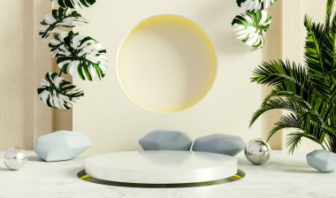 Ürün sunumu için podyum tasarımı, Monstera Borsigiana Naneli Şekil Değiştirme, 3B illüstrasyon