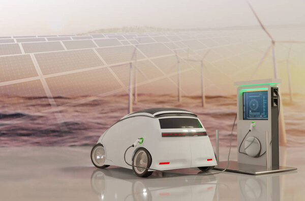 Электромобиль зарядка ветряной мельницы в океане, 3D иллюстрации рендеринга 