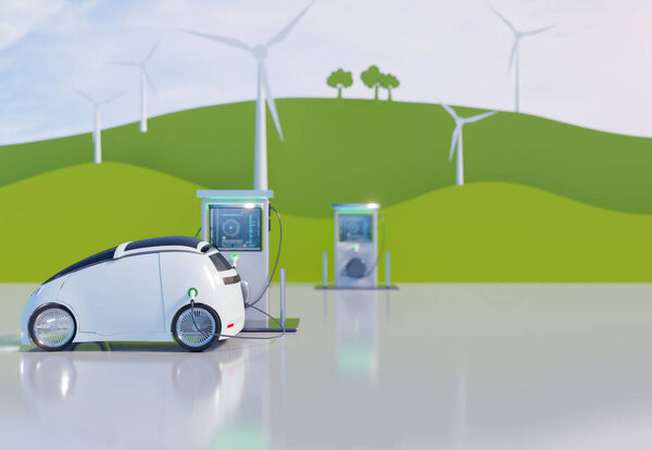 Электрические транспортные средства (EV) зарядки на EV зарядной станции с ветряной турбиной и бумаги искусства горный стиль, чистой энергии и чистой энергии для безопасной земли и окружающей среды концепции, 3D иллюстрации рендеринга 