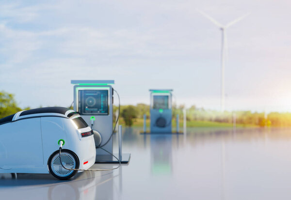 Электромобиль (EV) зарядки на EV зарядной станции с ветряной турбиной фермы, чистой энергии и чистой энергии для безопасной земли и окружающей среды концепции, 3D иллюстрации рендеринга 