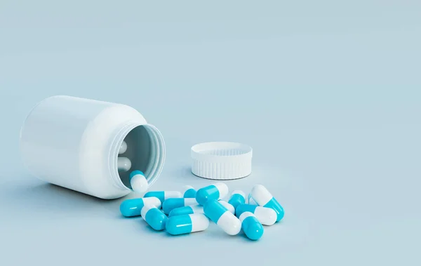 Cápsulas Azules Blancas Medicación Recipiente Blanco Ilustraciones Representación — Foto de Stock