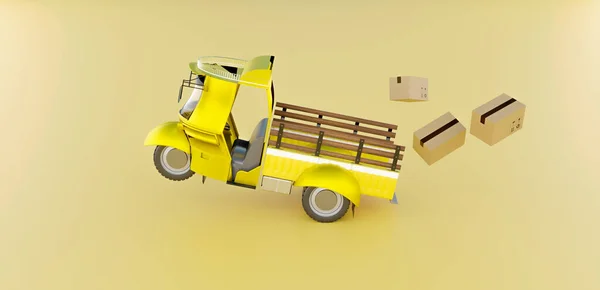 Funny cargo carrier car working, 3D illustrations rendering