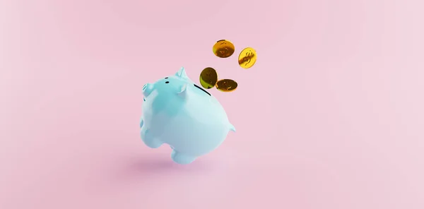 Lovely Blue Piggy Bank Fundo Rosa Com Ação Moeda Ouro — Fotografia de Stock