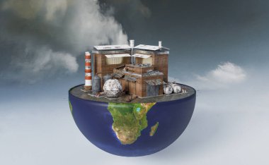 Hava kirliliği kavramına sahip eski fabrika, 3D model insan teknolojisi ve iklim değişikliği tasarımı ve küresel ısınma kavramı, bu element NASA tarafından tamamlandı, 3D çizimler