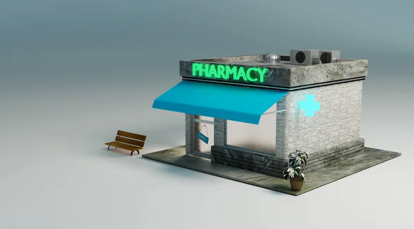 Pharmacy shop mock up design at night scene, 3D illustration rendering