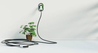 Electric charger line on white wall, 3D illustration rendering